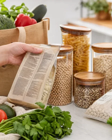 Main qui lit l’étiquette d’un produit au supermarché avec bocaux en verre dans un sac de courses