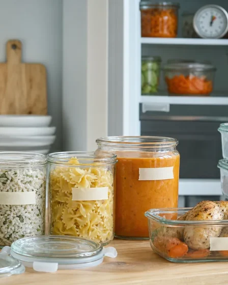 Bocaux de batch cooking rangés devant un frigo avec plats maison portionnés
