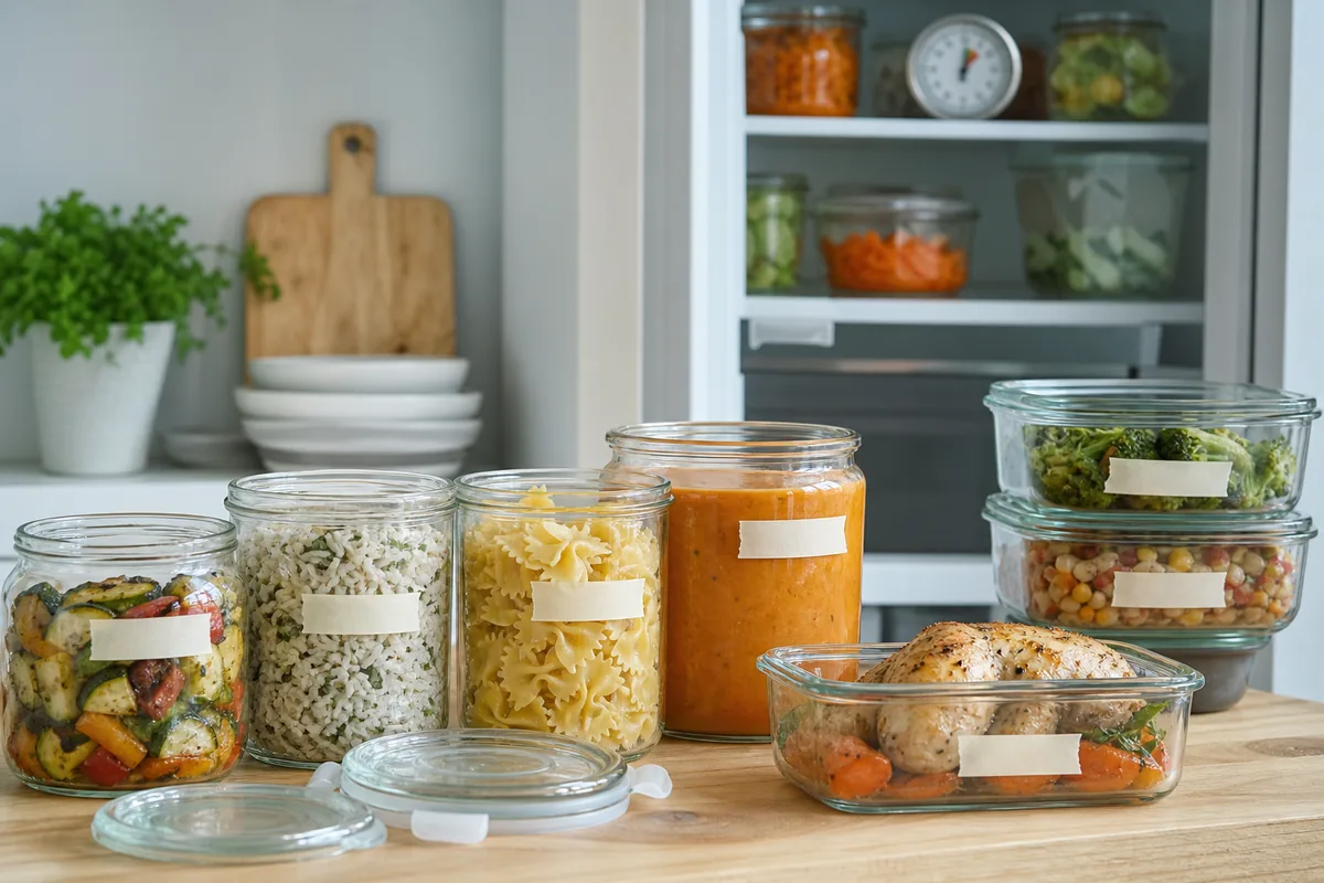 Bocaux de batch cooking rangés devant un frigo avec plats maison portionnés