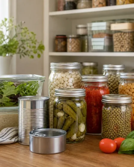 Bocaux en verre et conserves sans BPA dans une cuisine