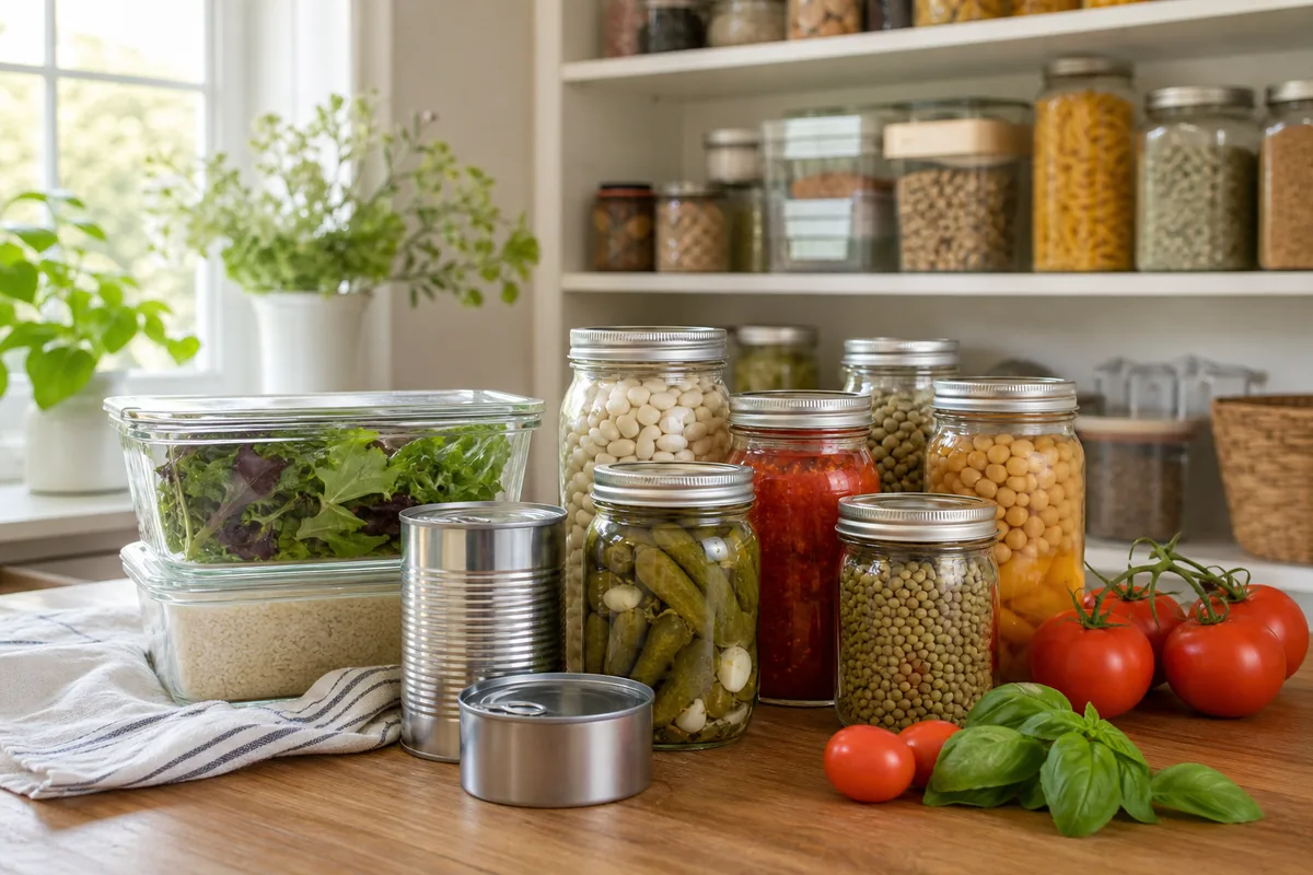 Bocaux en verre et conserves sans BPA dans une cuisine