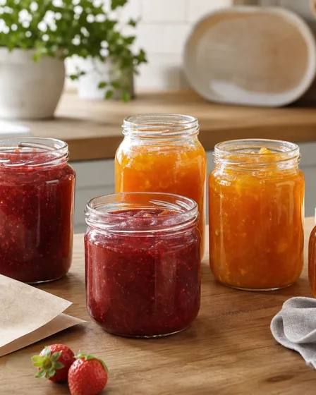 Pots de confiture, marmelade et miel sur un plan de travail de cuisine