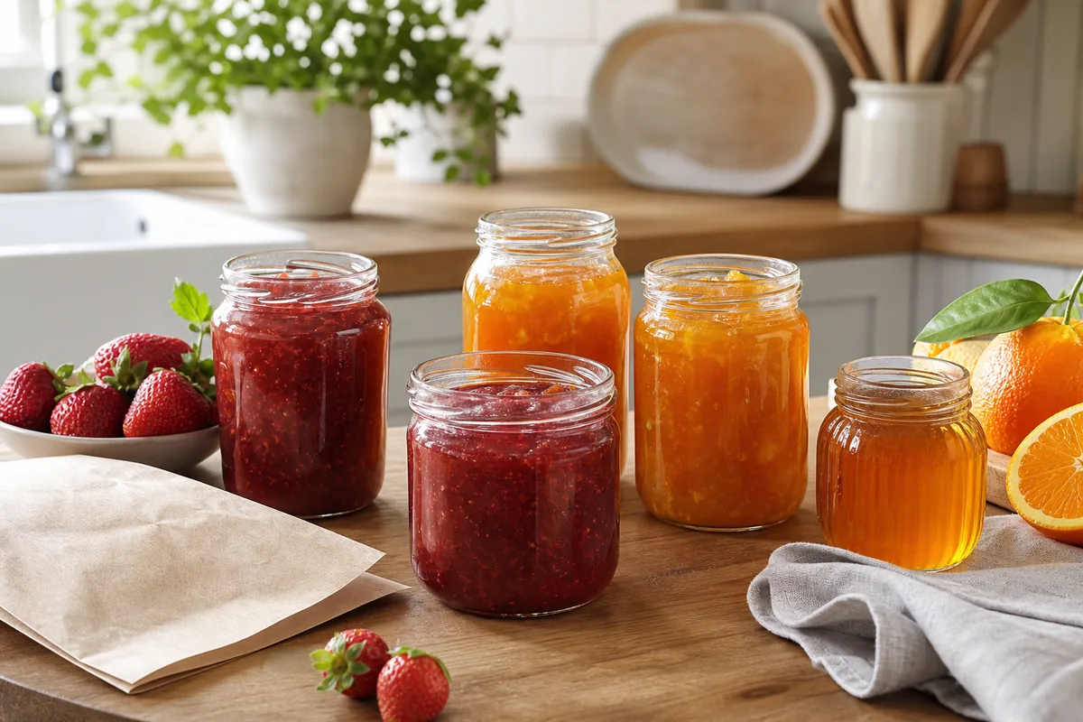 Pots de confiture, marmelade et miel sur un plan de travail de cuisine