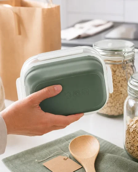 Main qui vérifie les pictogrammes d’une boîte alimentaire avec bocaux en verre sur un plan de travail