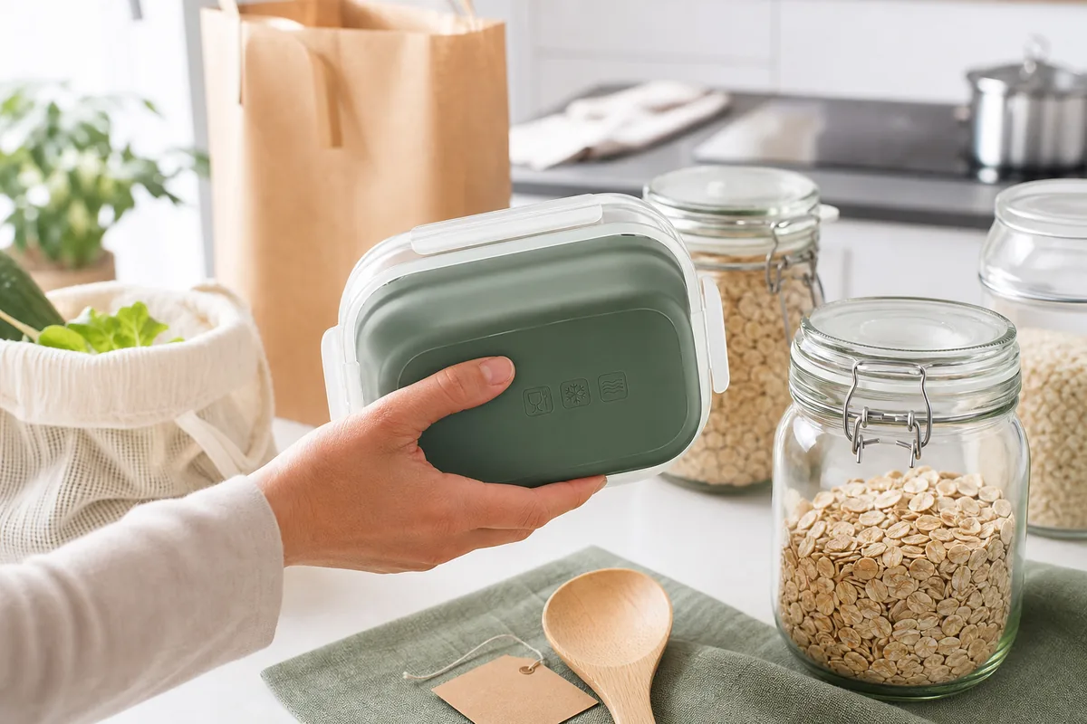 Main qui vérifie les pictogrammes d’une boîte alimentaire avec bocaux en verre sur un plan de travail