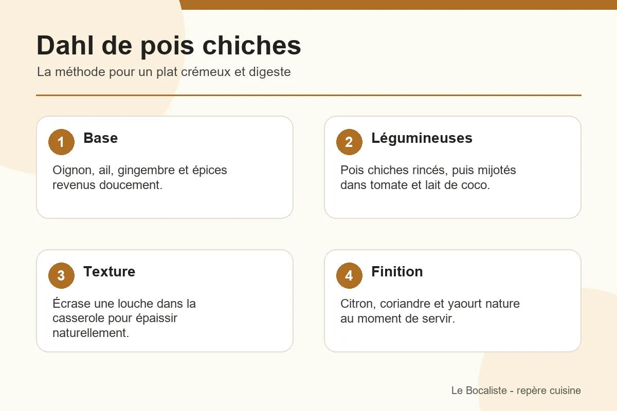 Infographie pour réussir un dahl de pois chiches crémeux