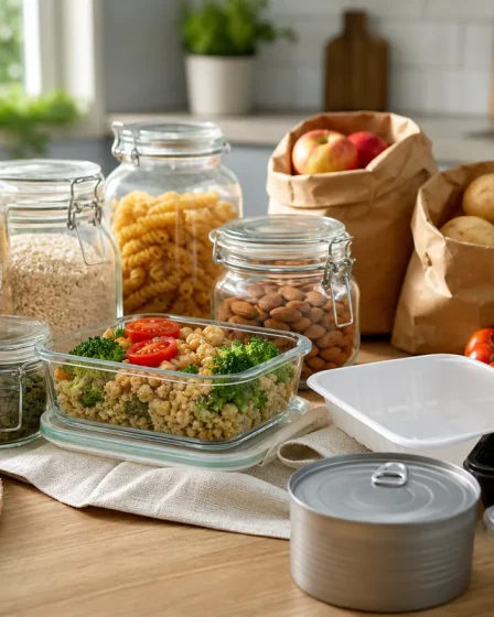 emballage plastique alimentaire rangé avec bocaux en verre