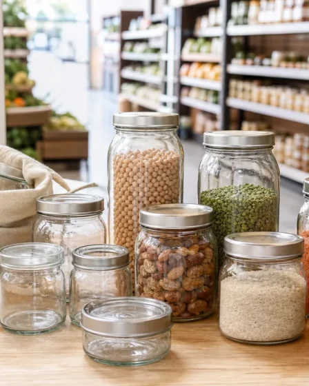 Bocaux consignés en verre rangés sur un comptoir avec des aliments secs et des légumes