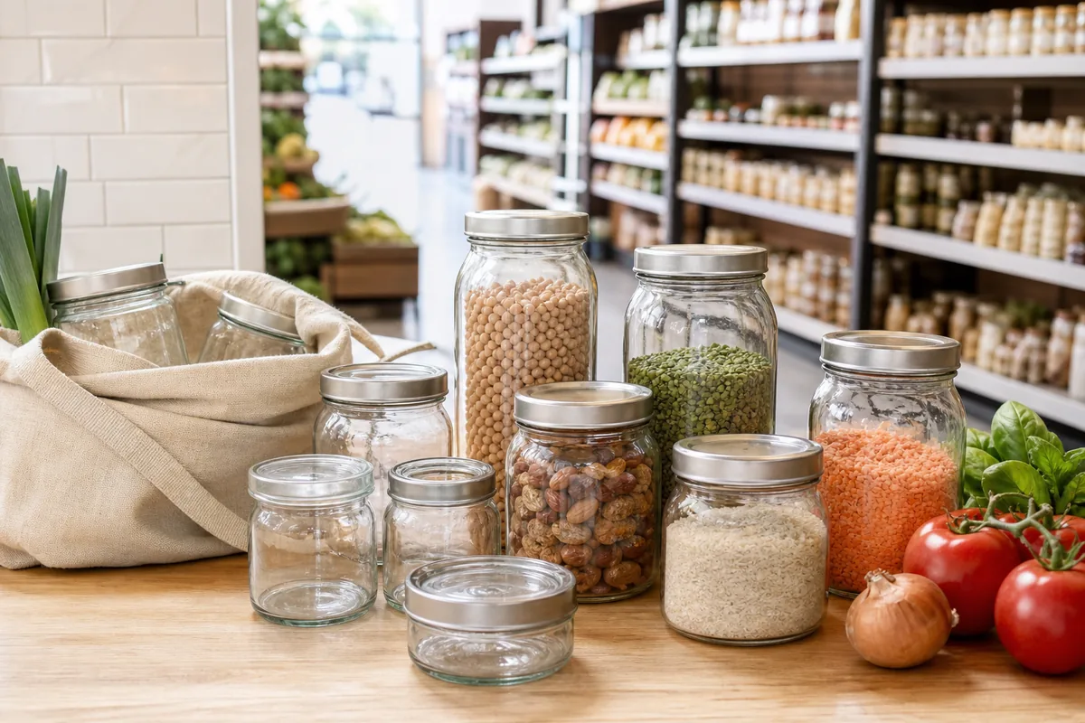 Bocaux consignés en verre rangés sur un comptoir avec des aliments secs et des légumes