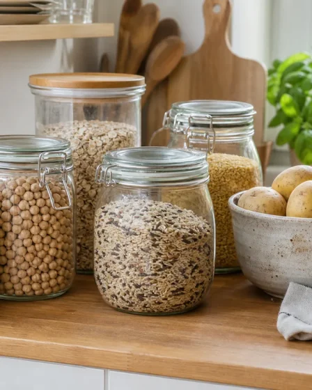 Bocaux de céréales, légumineuses et pommes de terre sur un plan de travail
