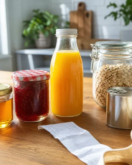 miel confiture jus de fruits et lait concentré sur une table de cuisine