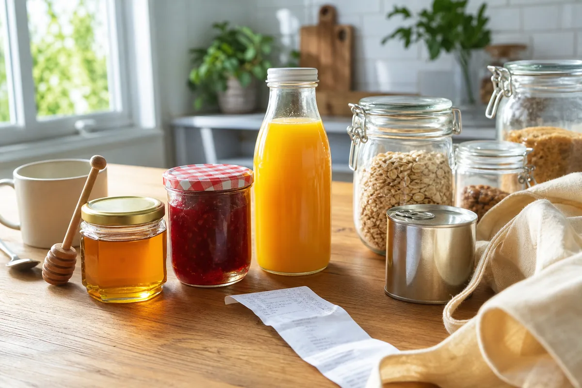miel confiture jus de fruits et lait concentré sur une table de cuisine