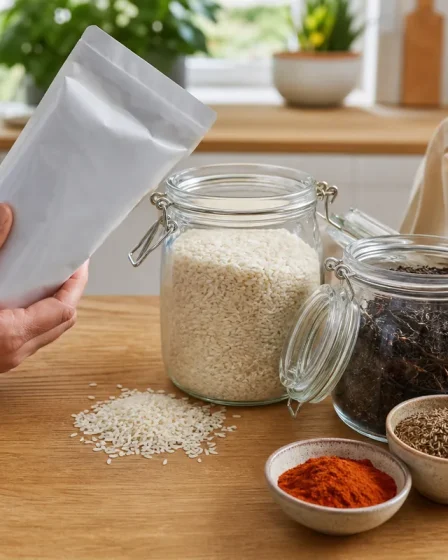 Bocaux de riz, thé et épices ouverts sur un plan de cuisine avec une main qui lit une étiquette