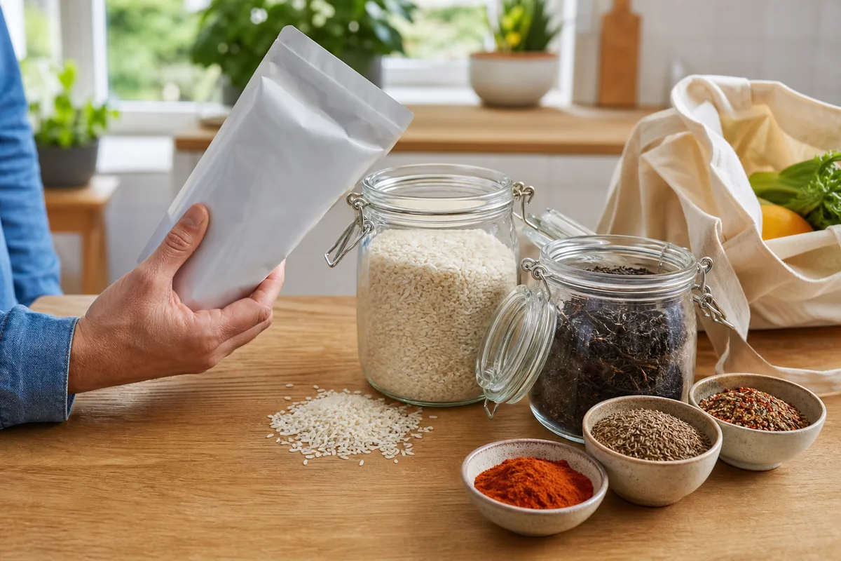 Bocaux de riz, thé et épices ouverts sur un plan de cuisine avec une main qui lit une étiquette