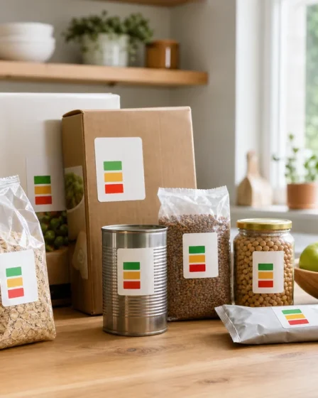 Paquets alimentaires et bocaux triés sur un plan de travail avec des repères nutritionnels colorés