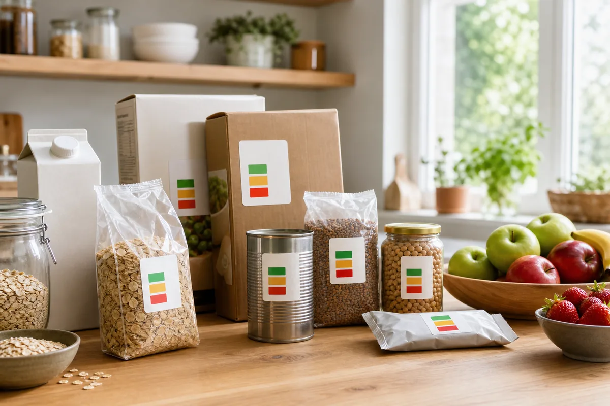 Paquets alimentaires et bocaux triés sur un plan de travail avec des repères nutritionnels colorés