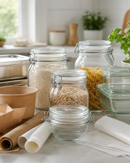 Bocaux en verre et emballages alimentaires sans PFAS sur une table de cuisine