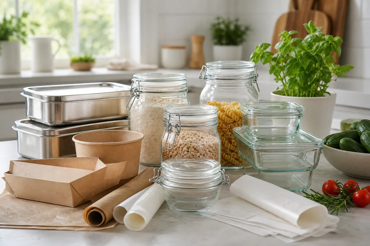 Bocaux en verre et emballages alimentaires sans PFAS sur une table de cuisine