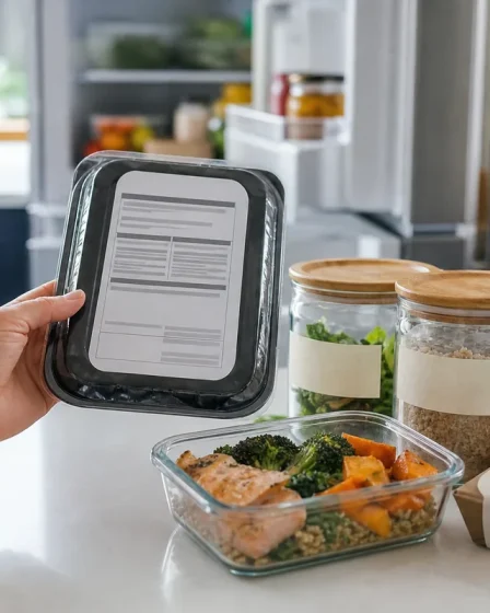 Main qui lit l’étiquette d’un plat cuisiné avec bocaux en verre et frigo ouvert