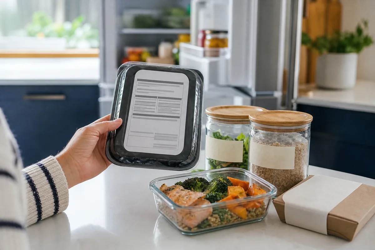 Main qui lit l’étiquette d’un plat cuisiné avec bocaux en verre et frigo ouvert
