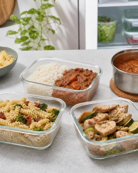 Restes de riz et de pâtes en boîtes verre prêtes pour le frigo