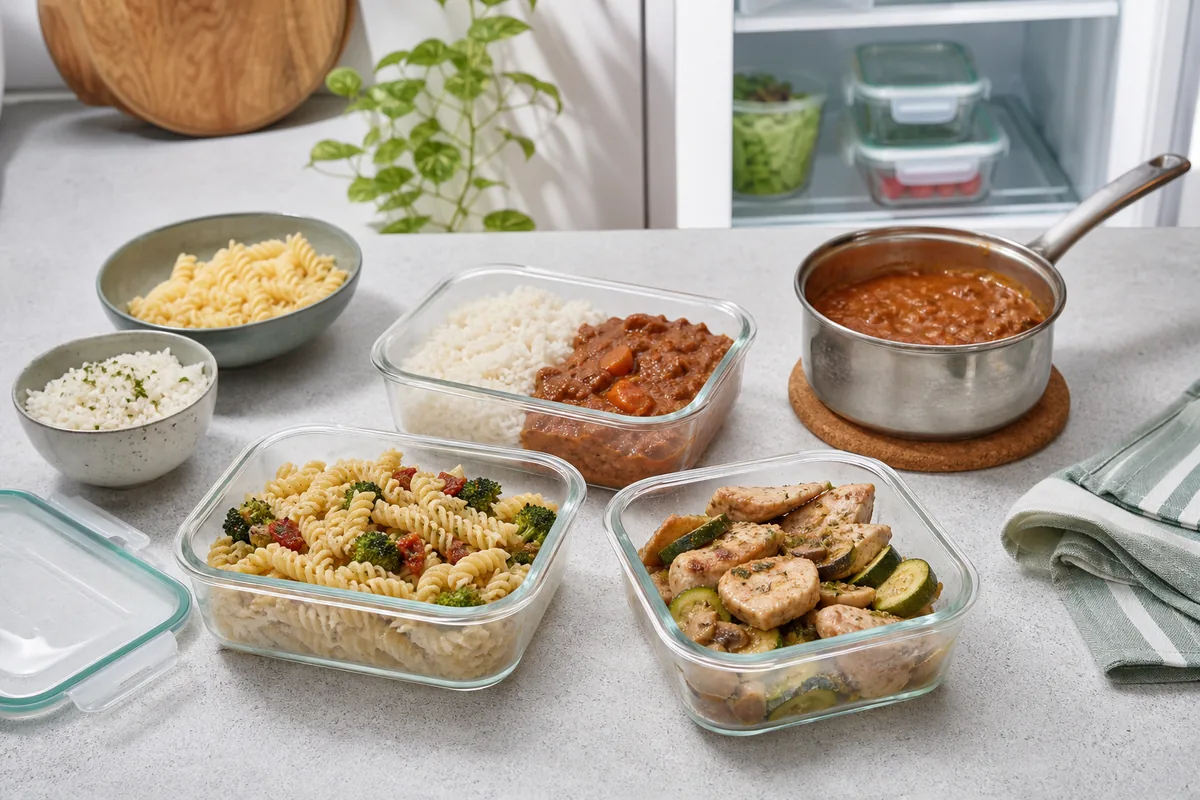Restes de riz et de pâtes en boîtes verre prêtes pour le frigo