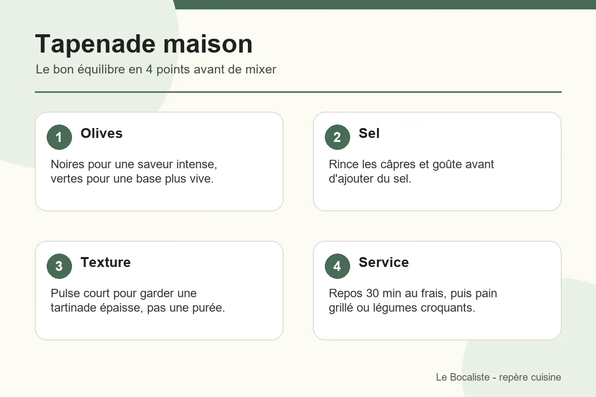 Infographie pour réussir une tapenade d'olives maison