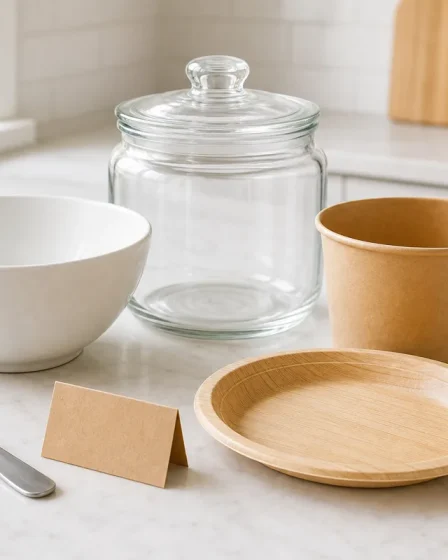 Vaisselle fibre végétale avec bocal en verre, bol céramique et pot carton sur un plan de cuisine
