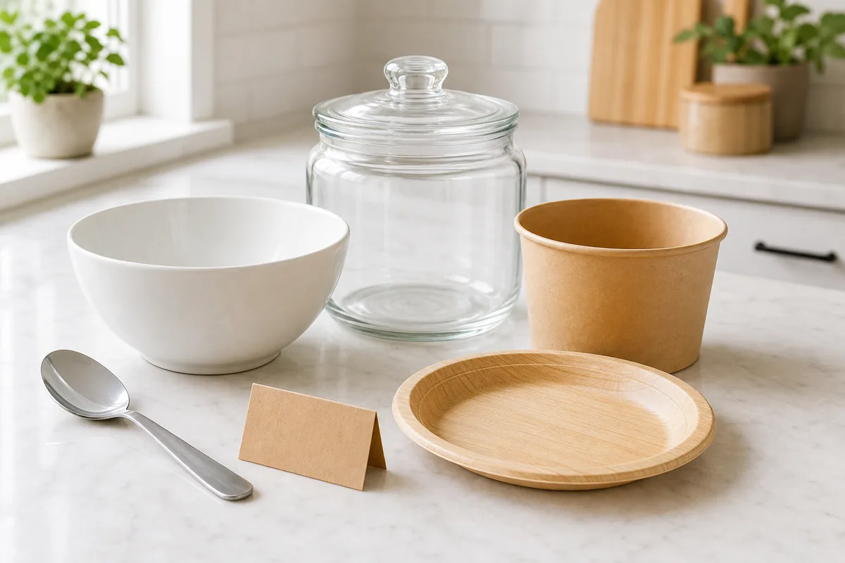 Vaisselle fibre végétale avec bocal en verre, bol céramique et pot carton sur un plan de cuisine