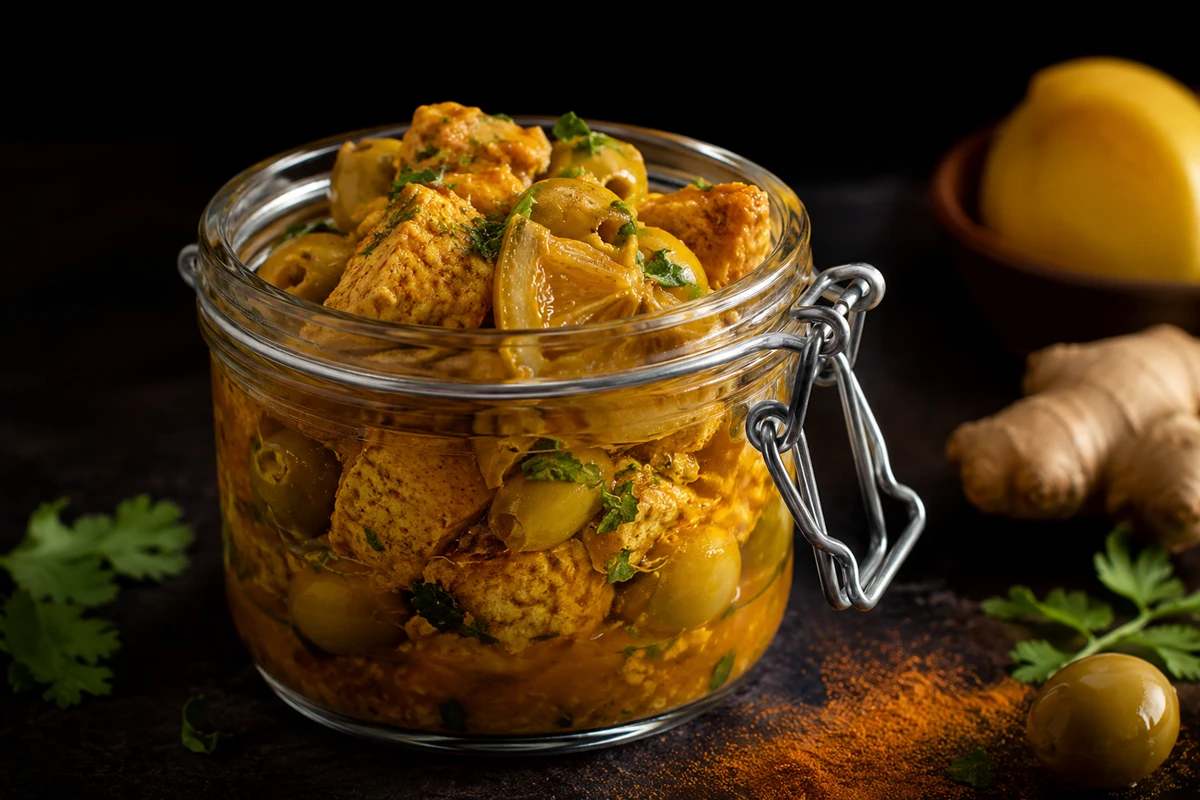 Tajine de poulet au citron confit et olives