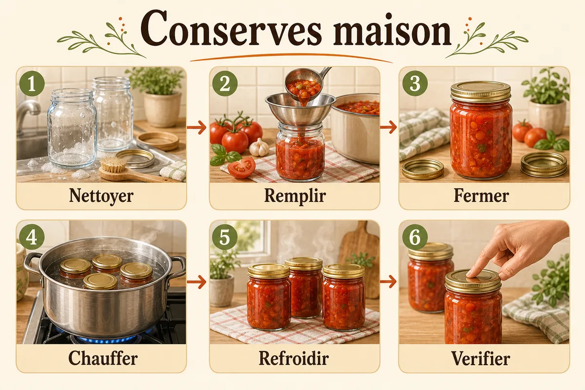 Infographie sur les étapes de stérilisation des conserves maison en bocaux