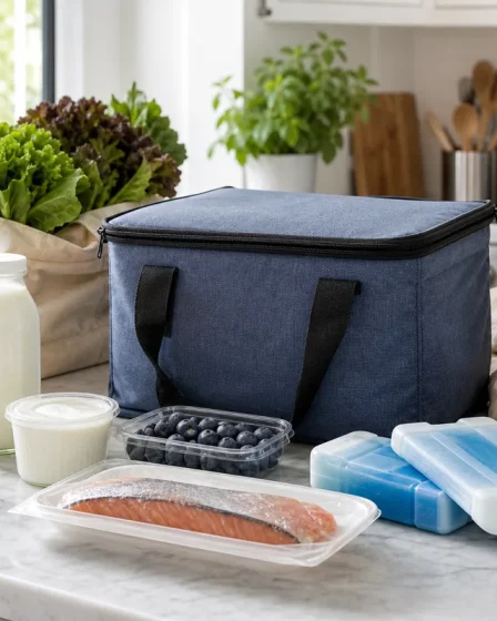 Courses alimentaires avec sac isotherme, pains de glace et produits frais sur un plan de travail