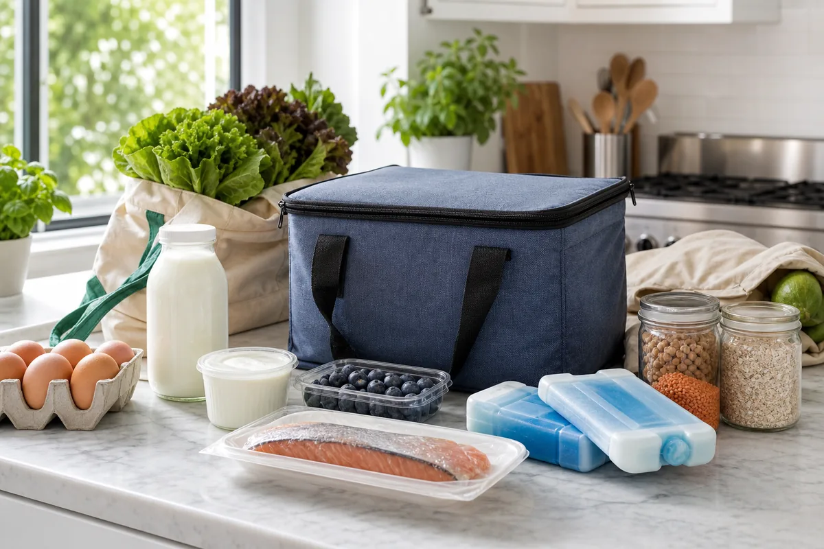 Courses alimentaires avec sac isotherme, pains de glace et produits frais sur un plan de travail