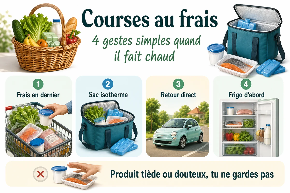 Infographie sur les gestes pour garder la chaîne du froid pendant les courses quand il fait chaud