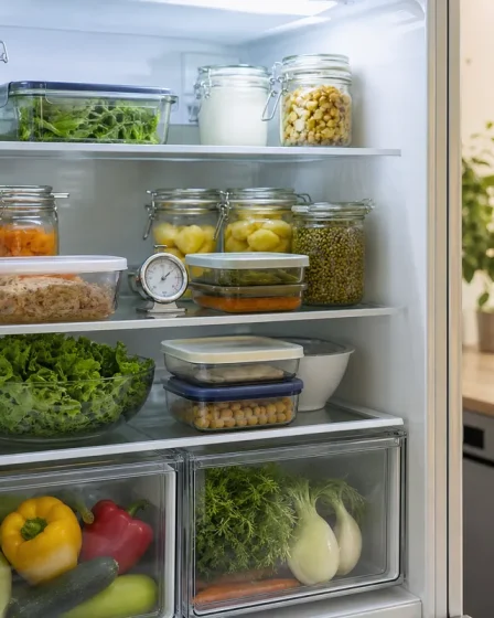 Frigo bien rangé avec bocaux en verre et thermomètre pendant une journée chaude