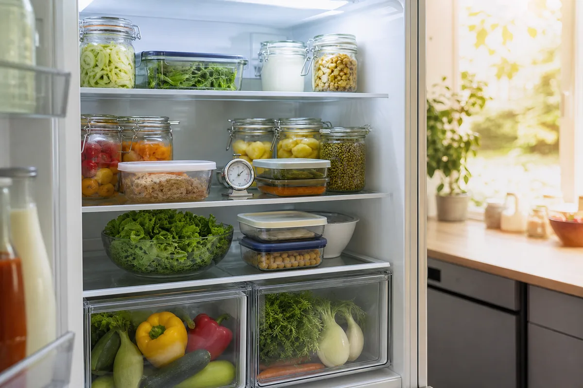 Frigo bien rangé avec bocaux en verre et thermomètre pendant une journée chaude