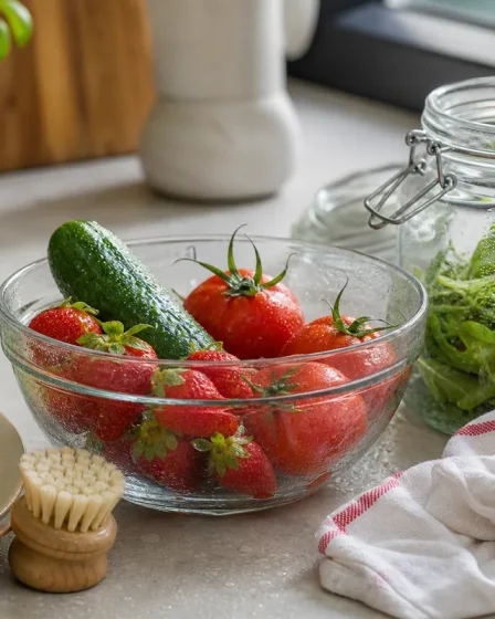 Fruits et légumes lavés avec bocal en verre et brosse propre sur un plan de cuisine