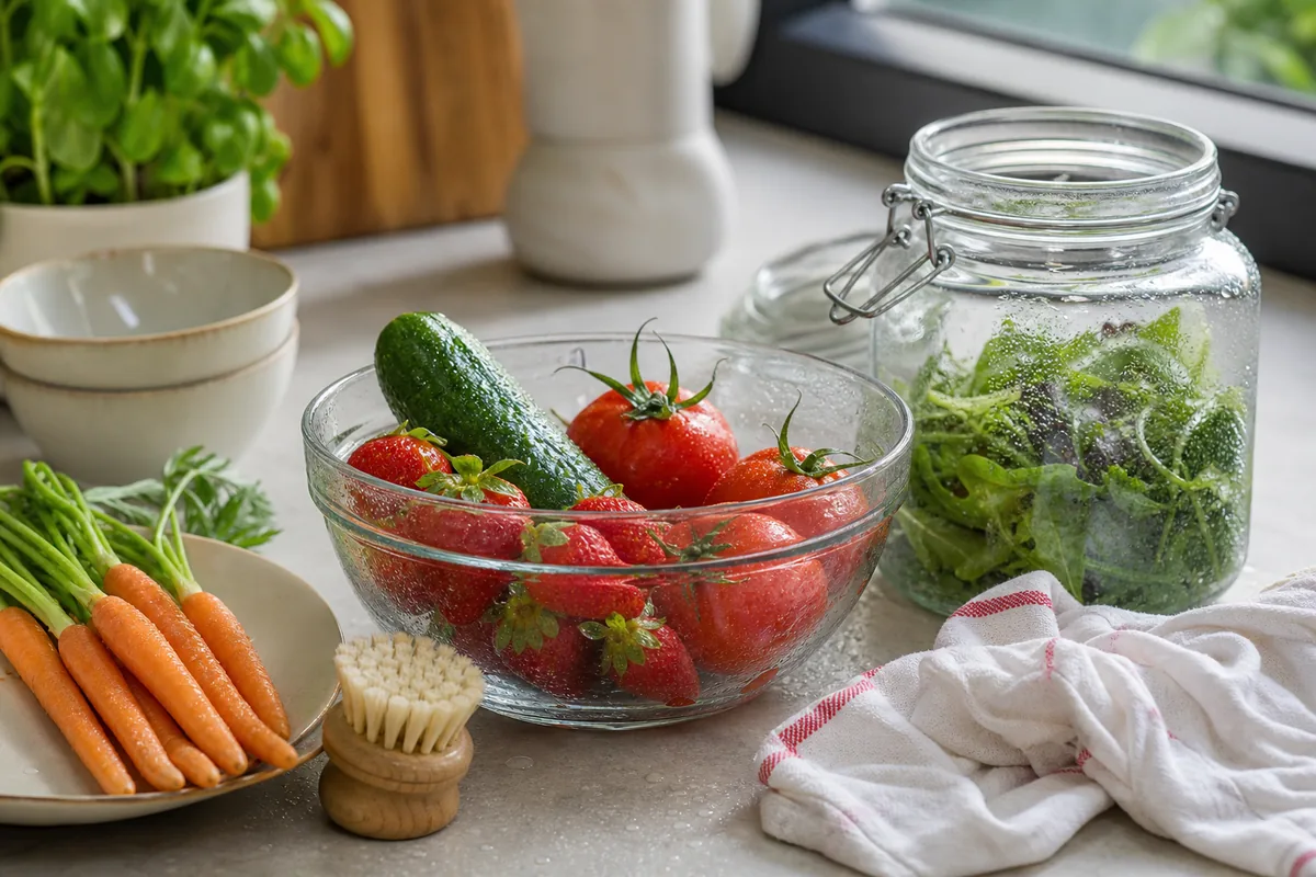 Fruits et légumes lavés avec bocal en verre et brosse propre sur un plan de cuisine