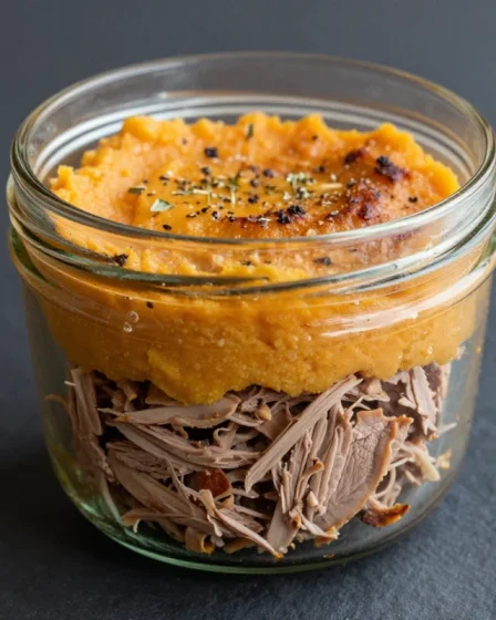Parmentier de canard confit et patate douce servi en bocal en verre