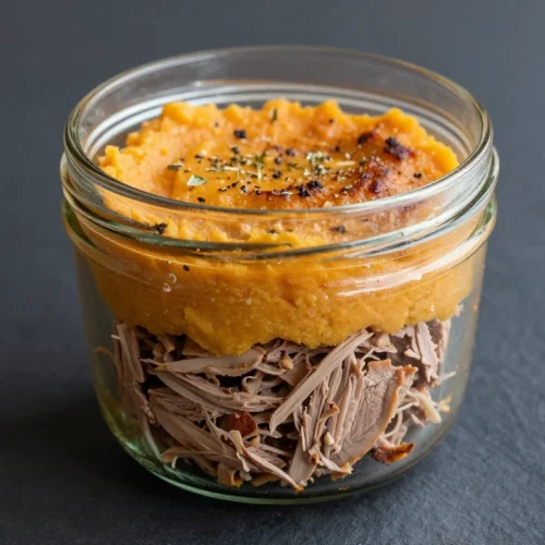 Parmentier de canard confit et patate douce servi en bocal en verre