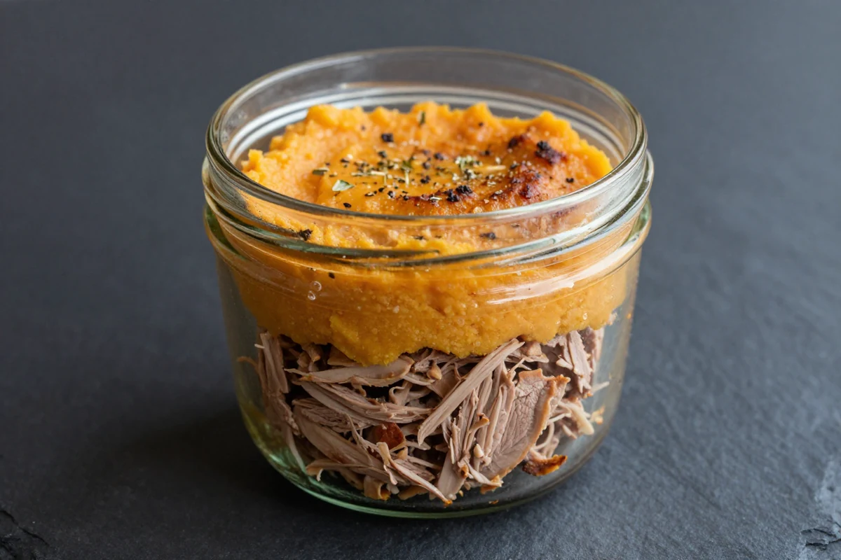 Parmentier de canard confit et patate douce servi en bocal en verre