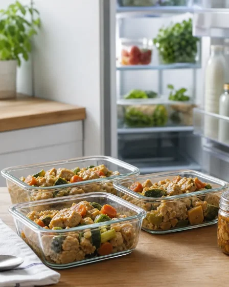 Restes de plat chaud répartis dans des contenants en verre près du frigo