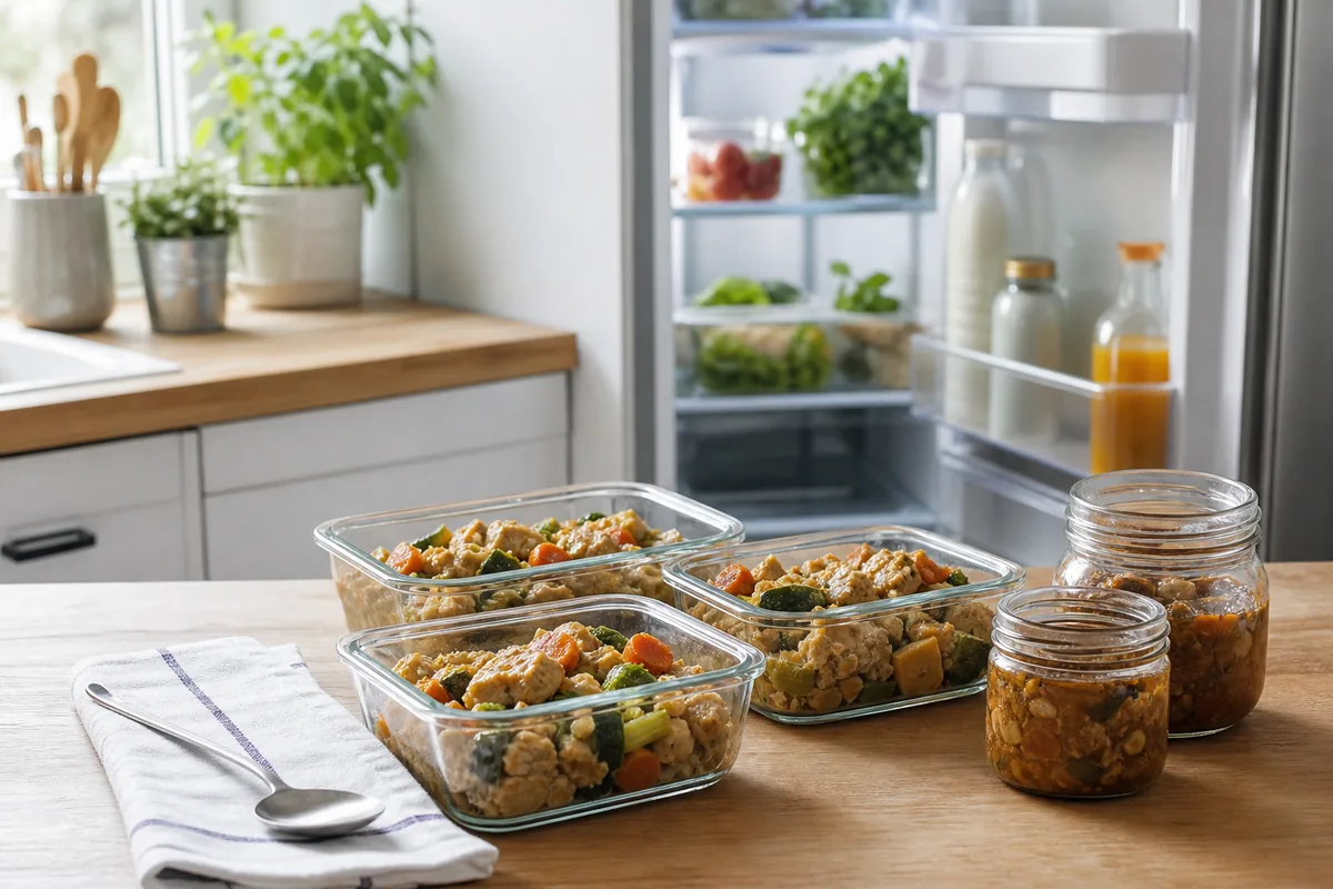 Restes de plat chaud répartis dans des contenants en verre près du frigo