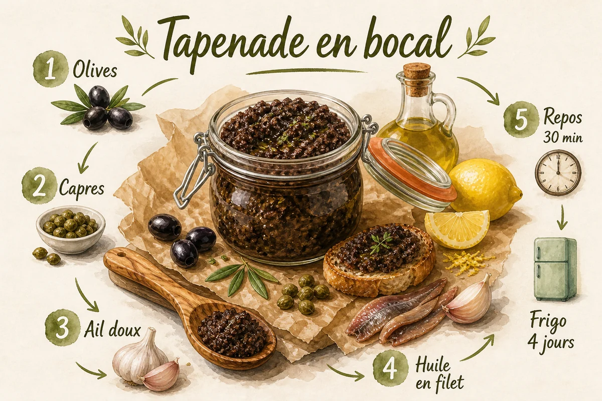 Infographie pour doser et conserver une tapenade d'olives maison en bocal