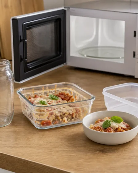 Boîtes repas, bocal en verre et micro ondes sur un plan de travail