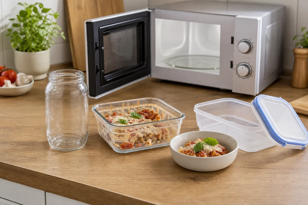 Boîtes repas, bocal en verre et micro ondes sur un plan de travail