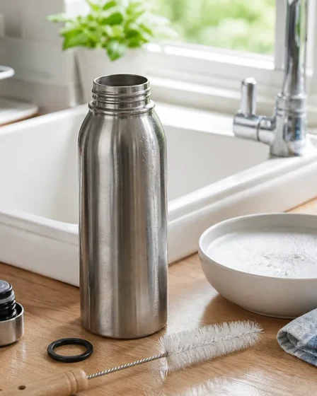 Gourde en inox ouverte avec bouchon, joint et goupillon près de l’évier