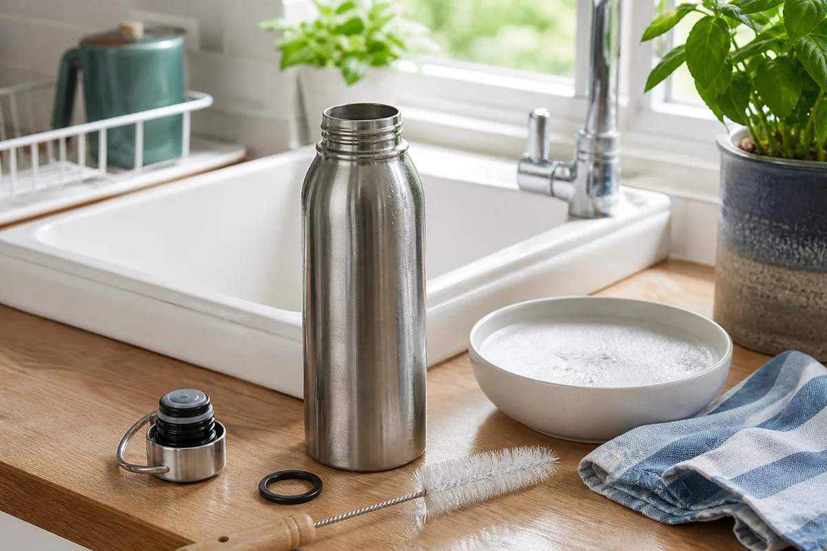 Gourde en inox ouverte avec bouchon, joint et goupillon près de l’évier