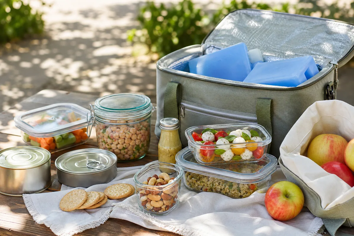 Pique-nique avec glacière, bocaux en verre, fruits et conserves sur une table en extérieur