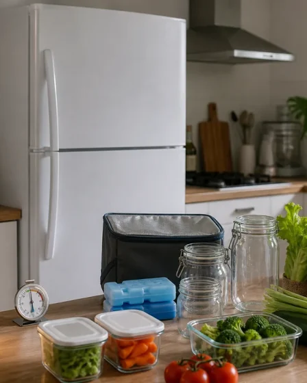 Frigo fermé avec thermomètre, bocaux et pains de glace pendant une coupure de courant